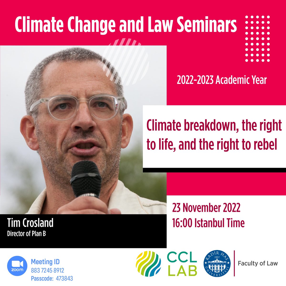 KHAS CCLLAB (@khasccllab) on Twitter photo This month, CCLLAB welcomes Tim Crosland in Climate Change and Law Seminars. Event is open to public via Zoom. No formal registration required; we would appreciate however if you confirmed your participation by sending an e-mail to ccllab@khas.edu.tr<mailto:ccllab@khas.edu.tr>. This month, CCLLAB welcomes Tim Crosland in Climate Change and Law Seminars. Event is open to public via Zoom. No formal registration required; we would appreciate however if you confirmed your participation by sending an e-mail to ccllab@khas.edu.tr<mailto:ccllab@khas.edu.tr>.