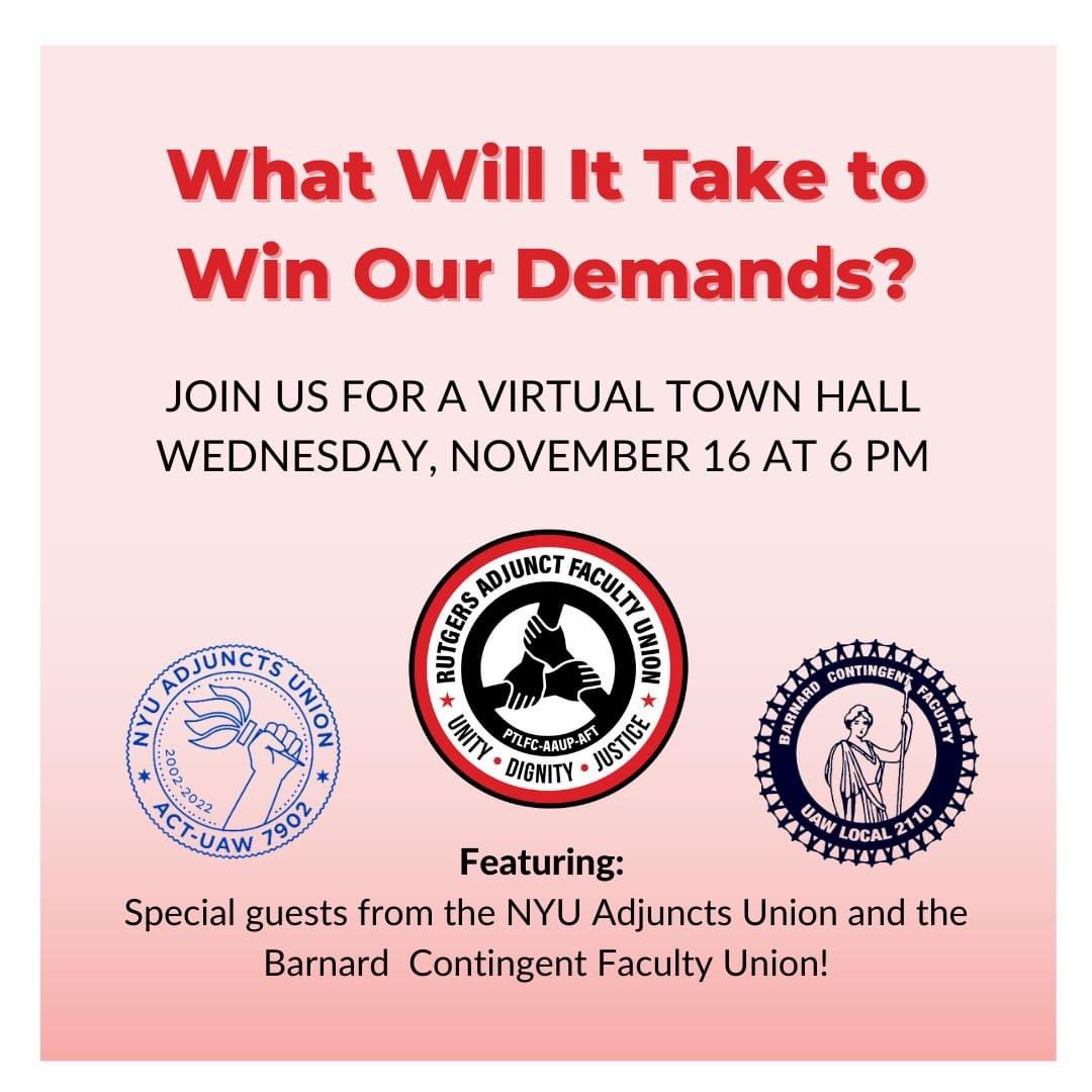 What will it take to win our demands? Hint: 6 letter word that begins with “S”
<a href="/ruaaup_ptl/">Rutgers Adjunct Faculty Union</a> <a href="/ruaaup/">Rutgers AAUP-AFT Academic Worker Union</a> @union1766 <a href="/ABhsnj/">AAUP-BHSNJ</a> <a href="/HigherEdLabor/">Higher Education Labor United (HELU)</a> <a href="/UICUF/">UIC United Faculty</a> <a href="/UAW7902/">UAW Local 7902</a> <a href="/TUGSA_6290/">TUGSA</a> @uaw2865 <a href="/UAW5810/">UAW Local 5810</a> <a href="/sruuaw/">Student Researchers United-UAW</a> <a href="/UCAFT/">University Council - AFT</a>