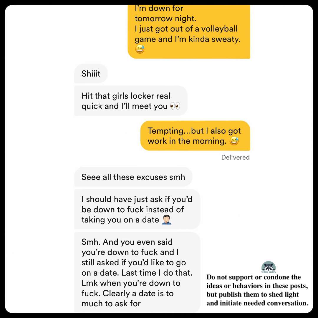 ask_aubry's tweet photo. Dude: Dating is so easy for women. Just pick one of hundreds of Nice Guys™ on the app.

And what's on the app. 😒 https://t.co/qeHAqDWyEi