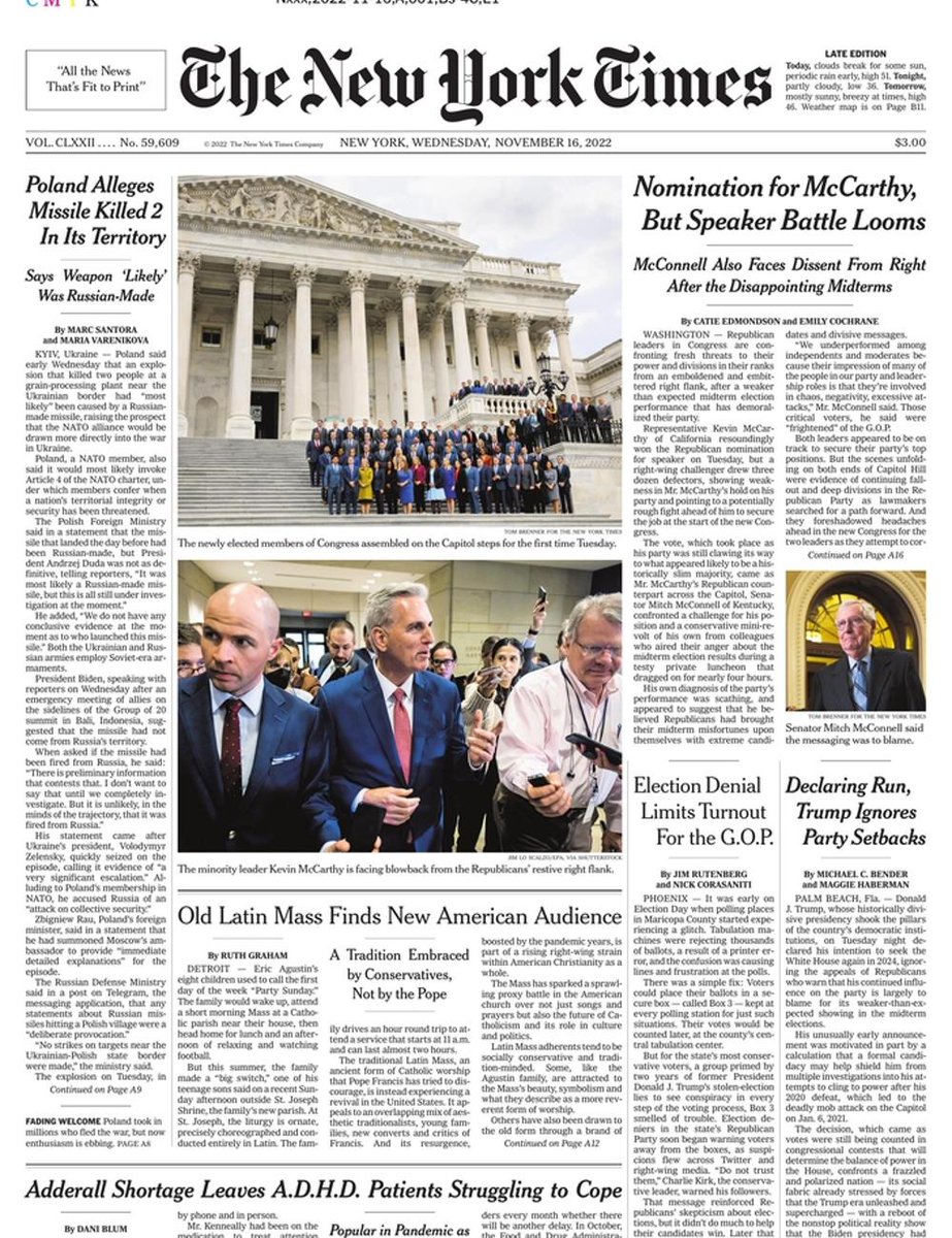 nyt_daily's tweet photo. The front page of The New York Times this morning.
Wednesday, November 16 2022. https://t.co/XwyRuqrt6y
