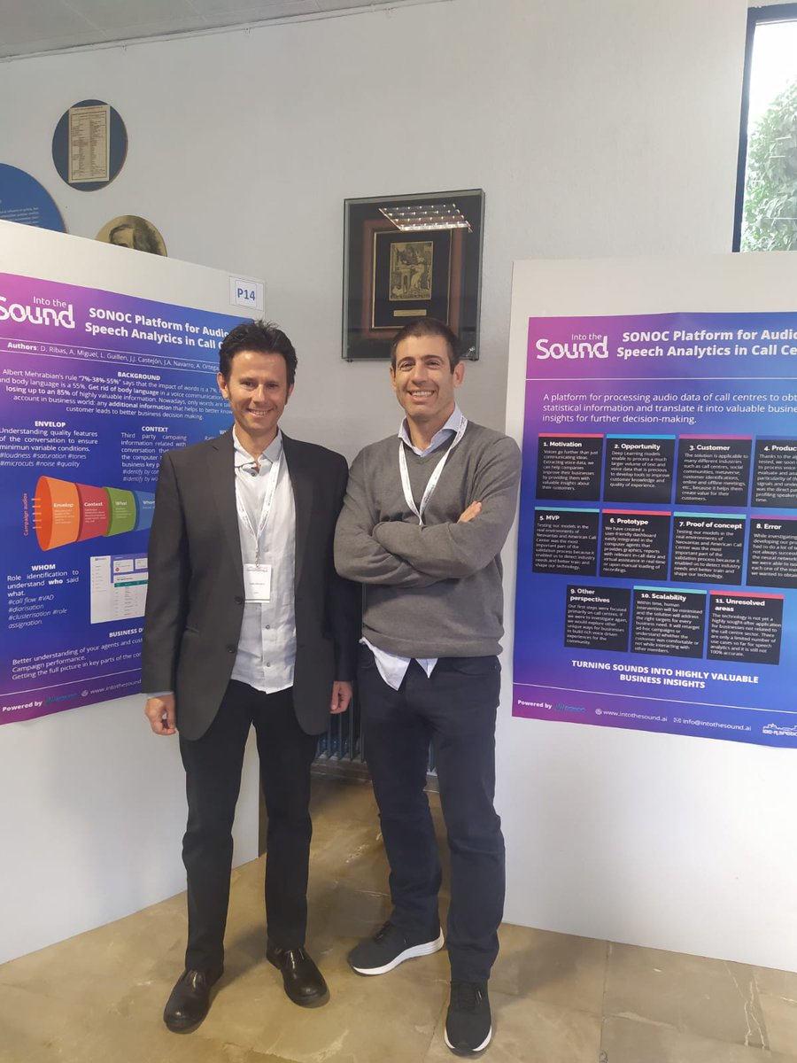 Second day of @Iberspeech22! Today, during the poster session, we presented our project "Platform for Audio and Speech Analytics in Call Centers". Do you want to know more?🤔
👉 Join us tomorrow during the Entrepreneurship Round Table!🤓

#speech #paralinguistics #transcription