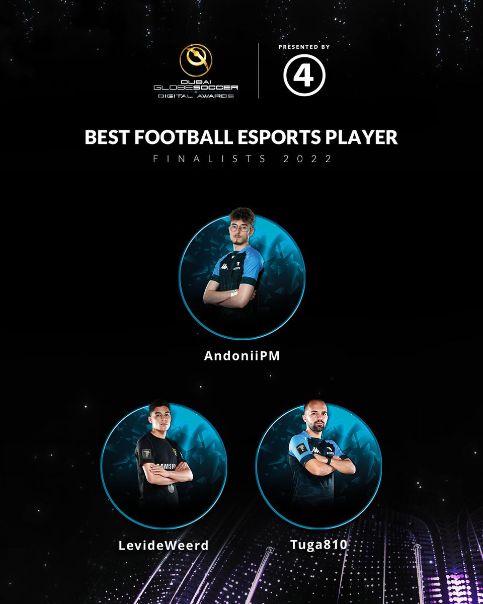 🏆Presented by <a href="/433/">433</a>, the finalists in the BEST FOOTBALL ESPORTS PLAYER category at #GlobeSoccer Digital Awards 2022 are AndoniiPM, LevideWeerd and Tuga810
 
The BEST FOOTBALL ESPORTS PLAYER will be announced on the day of the Globe Soccer Awards gala on 17 November 2022, in Dubai