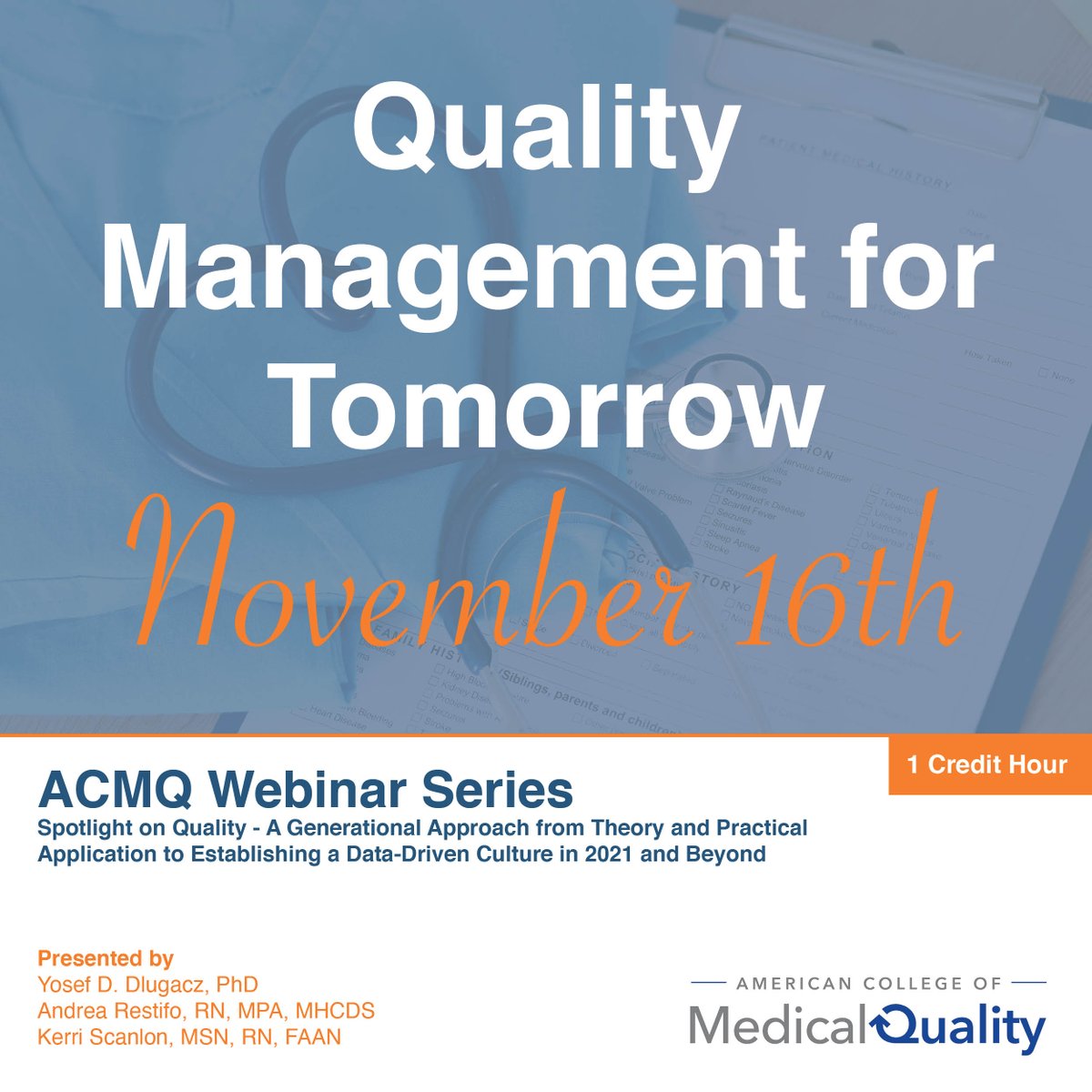Starting soon! The next webinar in our series: Quality Management for Tomorrow will kick off at 12pm CT. Join us to earn 1 credit hour for your CMEs.  Check out our website for more information and to register!
acmq.org/bi-monthly-web…