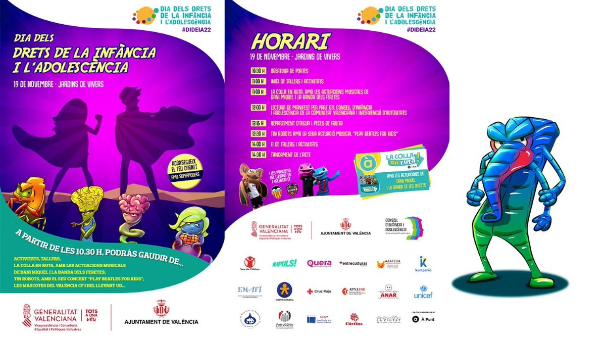 AjuntamentVLC's tweet photo. 👧👦Dissabte celebrem el Dia dels Drets de la Infància i l'Adolescència #DIDEIA22, amb diferents activitats per als més joves.🎸Música amb Dani Miquel, els TinRobots i més, i també les mascotes del @valenciacf i @LevanteUD🥳
🗓️ 19/11
📍 Jardins de #Vivers
⏰ 10:30 h
#LaNostraVeu https://t.co/ej8YVczTgl