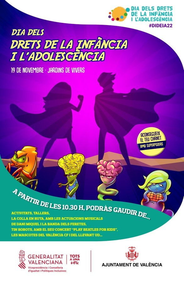 AjuntamentVLC's tweet photo. 👧👦Dissabte celebrem el Dia dels Drets de la Infància i l'Adolescència #DIDEIA22, amb diferents activitats per als més joves.🎸Música amb Dani Miquel, els TinRobots i més, i també les mascotes del @valenciacf i @LevanteUD🥳
🗓️ 19/11
📍 Jardins de #Vivers
⏰ 10:30 h
#LaNostraVeu https://t.co/ej8YVczTgl