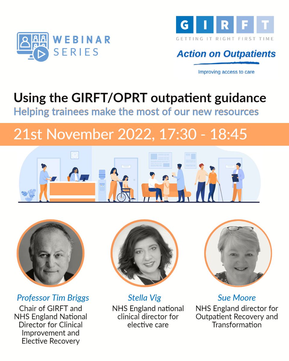 1⃣5⃣0⃣ have already registered for our trainees-specific #outpatients webinar:

 'GIRFT outpatient guidance webinar series: Tackling demand for outpatient appointments' 

👤 Webinar 1: Trainees
🗓️ 21/11
⌚️ 5:30-6:45pm

Sign-up below:
🔗bit.ly/3hBJ4RY

#OPRT