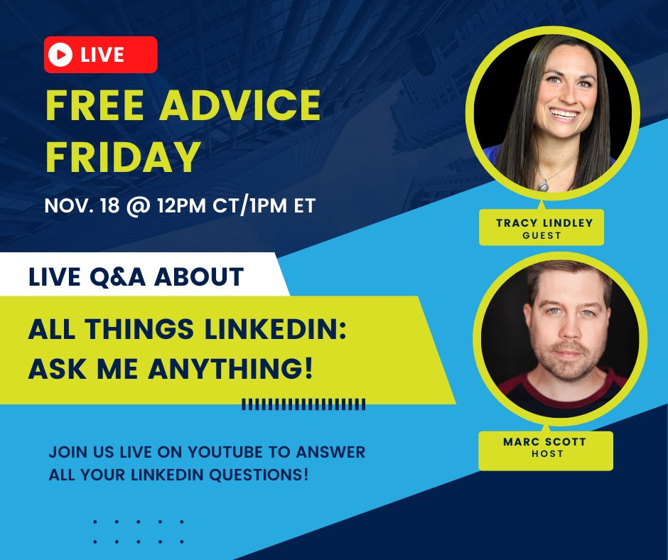 I get to be a guest with <a href="/MarcScott/">Marc Scott Voice Over</a> THIS FRIDAY! 
I’ll be taking questions about all things LinkedIn and would love to see you there!
11/18 @ 12pm CT/1pm ET

Click the link to join us live on YouTube!
youtu.be/kCY7nxErJRA
#linkedinmarketing #voiceover  #businessrelationships