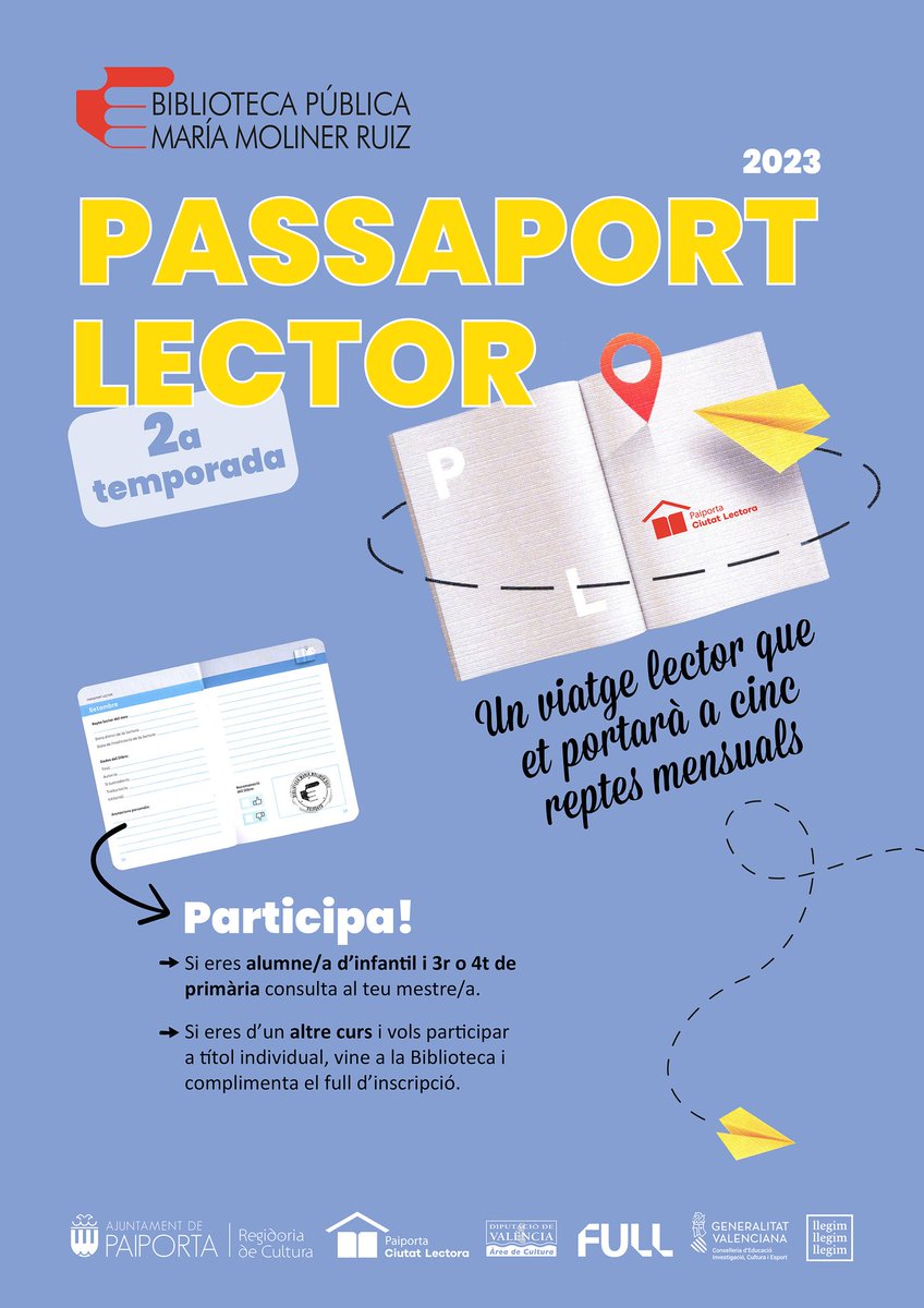 Ajunt_Paiporta's tweet photo. 📢Aquest curs torna el Passaport Lector a la @BiblioPaiporta📚🛂
🗓️Les inscripcions començaran la pròxima setmana als centres escolars paiportins per a alumnat de 2n cicle de Primària i Infantil
➕ℹ️https://t.co/GSTCqDfOut
#CulturaPaiporta #Paiporta #EducacióPaiporta https://t.co/Z4CaESPQlU