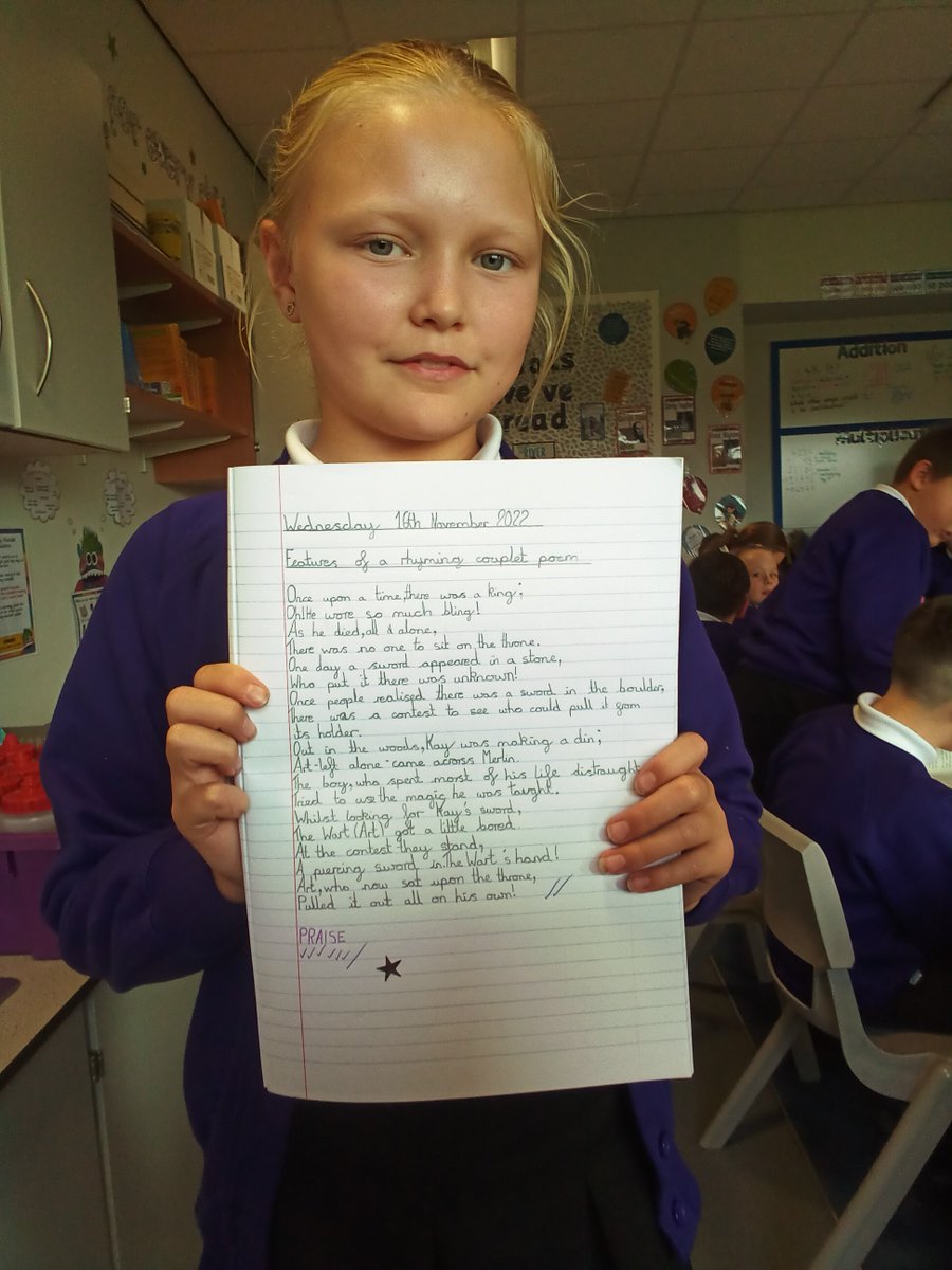 GCPYEAR6's tweet photo. After exploring rhyming couplets in #gcpliteracy today, we worked together to create a fantastic rhyming poem! We then wrote it up in neat. Our handwriting is really improving - look at this presentation! #theswordinthestone #themedweeks @primarygreat https://t.co/t29HS6i4xX