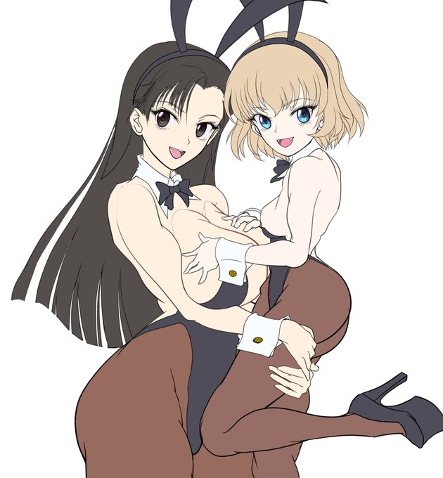 今日の依頼絵進捗チラ見せ〜 (今夜もバニー衣装作画)某ガルパン10周年記念合同誌用原稿です。普段あまり見ないカップリングの二人を描いてます。乳離れがまだ出来ない幼女JKカチューシャ &amp; そんな事は意にも介さない笑顔がさわやか万太郎 乳絹代じゃなかった、西絹代嬢w #ガルパン 