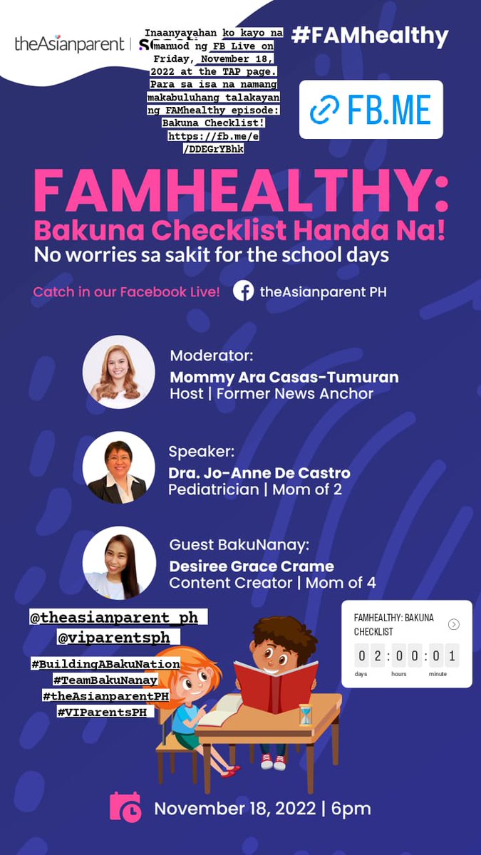 jhenkit05's tweet photo. Inaanyayahan ko kayo na manuod ng FB Live on Friday, November 18, 2022 at the @AsianparentPH page. Para sa isa na namang makabuluhang talakayan ng FAMhealthy episode: Bakuna Checklist! https://t.co/L78tB2vmuz
#BuildingABakuNation #TeamBakuNanay #theAsianparentPH #VIParentsPH https://t.co/ds84PUtrxg