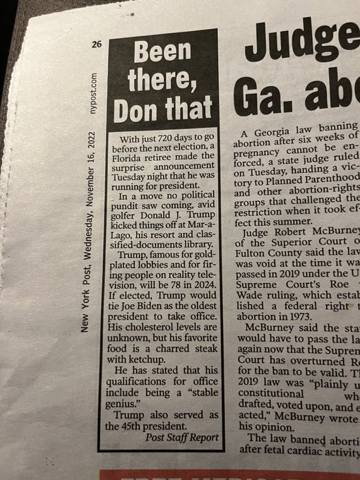🚨NEW:  The New York Post buried Trump's announcement, story on p, 26: 

“Florida man makes announcement” With just 720 days to go before the next election a Florida retiree made the surprise announcement he was running for President…"