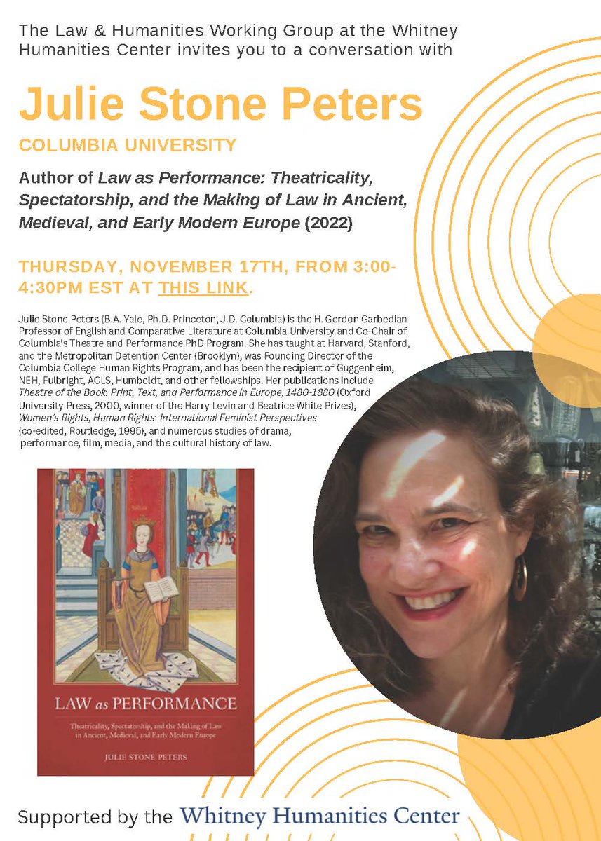 Julie Stone Peters (@jstonepeters) on Twitter photo Thu (11/17) 3-4:30 Zoom yale.zoom.us/j/95434447692: prison performance, legal theatricality, dilemmas of interdisciplinarity, etc! <a href="/Law_Cult_Huma/">LawCultureHumanities</a>, <a href="/law_text/">Law Text Culture</a>, <a href="/lawartsculture/">law.arts.culture</a>, <a href="/LawHumanities/">Law&HumanitiesAssas</a>, <a href="/lawlithum/">lawlithum</a>, @ICLSColumbia, <a href="/LAWLPodcast/">The Law and Literature Podcast</a>, <a href="/law_humanities/">Law and Humanities Journal</a>, <a href="/LawLitJournal/">Law & Literature</a>, <a href="/ArsScripta/">Simon Stern</a> Thu (11/17) 3-4:30 Zoom yale.zoom.us/j/95434447692: prison performance, legal theatricality, dilemmas of interdisciplinarity, etc! <a href="/Law_Cult_Huma/">LawCultureHumanities</a>, <a href="/law_text/">Law Text Culture</a>, <a href="/lawartsculture/">law.arts.culture</a>, <a href="/LawHumanities/">Law&HumanitiesAssas</a>, <a href="/lawlithum/">lawlithum</a>, @ICLSColumbia, <a href="/LAWLPodcast/">The Law and Literature Podcast</a>, <a href="/law_humanities/">Law and Humanities Journal</a>, <a href="/LawLitJournal/">Law & Literature</a>, <a href="/ArsScripta/">Simon Stern</a>