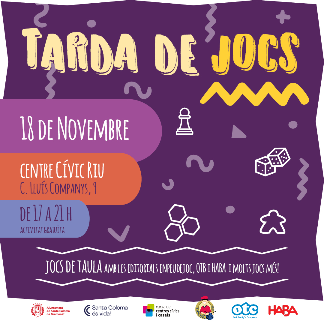 Divendres 18 de novembre, de 17 a 21 h, tarda de jocs al Centre Cívic Riu!
🎲Jocs de taula per passar una bona estona.
♟ Activitat gratuïta dirigida a persones de 6-99 anys.
🧩Les editorials HABA, Enpeudejoc i OTC portaran els seus jocs, alguns en primícia!
#santacolomaésvida