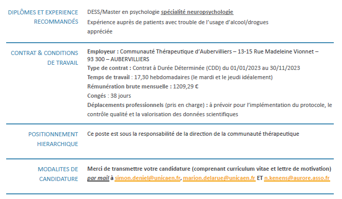 MarionDelarue's tweet photo. Nous recherchons un.e neuropsychologue pour rejoindre l'équipe NeuroAddiCT à la Communauté Thérapeutique d'Aubervilliers (Association Aurore), afin de poursuivre notre projet de recherche.
#emploi #addictologie #neuropsychologie #neuropsychologue #remédiation #NeuroAddiCT https://t.co/jtCgD7X76f