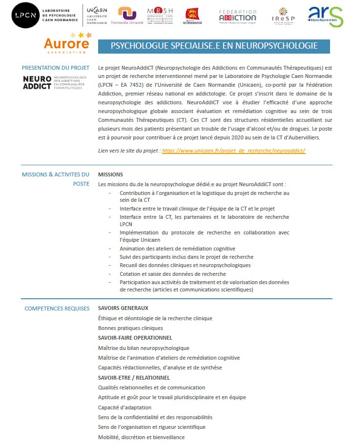 MarionDelarue's tweet photo. Nous recherchons un.e neuropsychologue pour rejoindre l'équipe NeuroAddiCT à la Communauté Thérapeutique d'Aubervilliers (Association Aurore), afin de poursuivre notre projet de recherche.
#emploi #addictologie #neuropsychologie #neuropsychologue #remédiation #NeuroAddiCT https://t.co/jtCgD7X76f