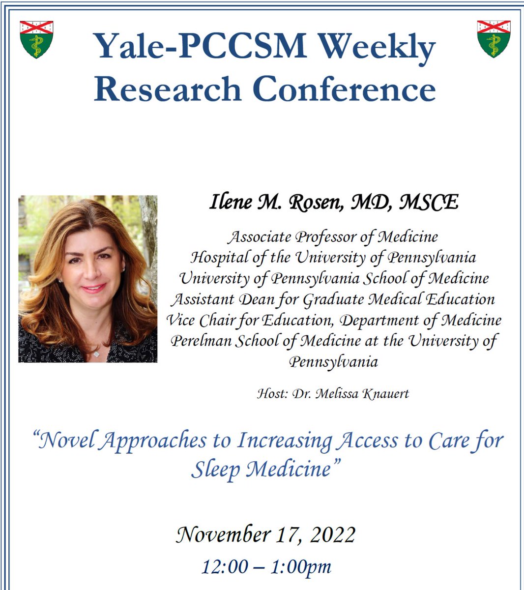 YalePCCSM's tweet photo. Yale PCCSM Research Conference: "Novel Approaches to Increasing Access to Care for Sleep Medicine"

🗓️ THURS, 11/17 @ 12PM EDT
👤Presenter: Dr. Ilene Rosen (@IRo1128)
🗨️Moderator: Dr. Melissa Knauert (@KnauertMKnauert)
📍Hybrid - DM us for link to join! 

#YaleGreatTalks https://t.co/MfSvSgv3hK