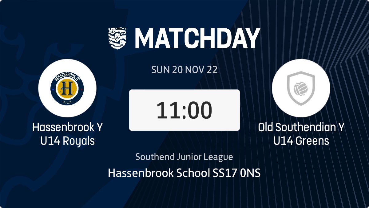 Up next for our UNDER 14 Royals

📆 20 Nov
⏰ 11:00
🗺️ Hassenbrook School
📍 SS17 0NS
🆚 Old Southendian 🟢
🏆 <a href="/sadjsfl/">SJL</a> DivD

Good luck boys 👊

#TeamBrooks💙🤍❤️