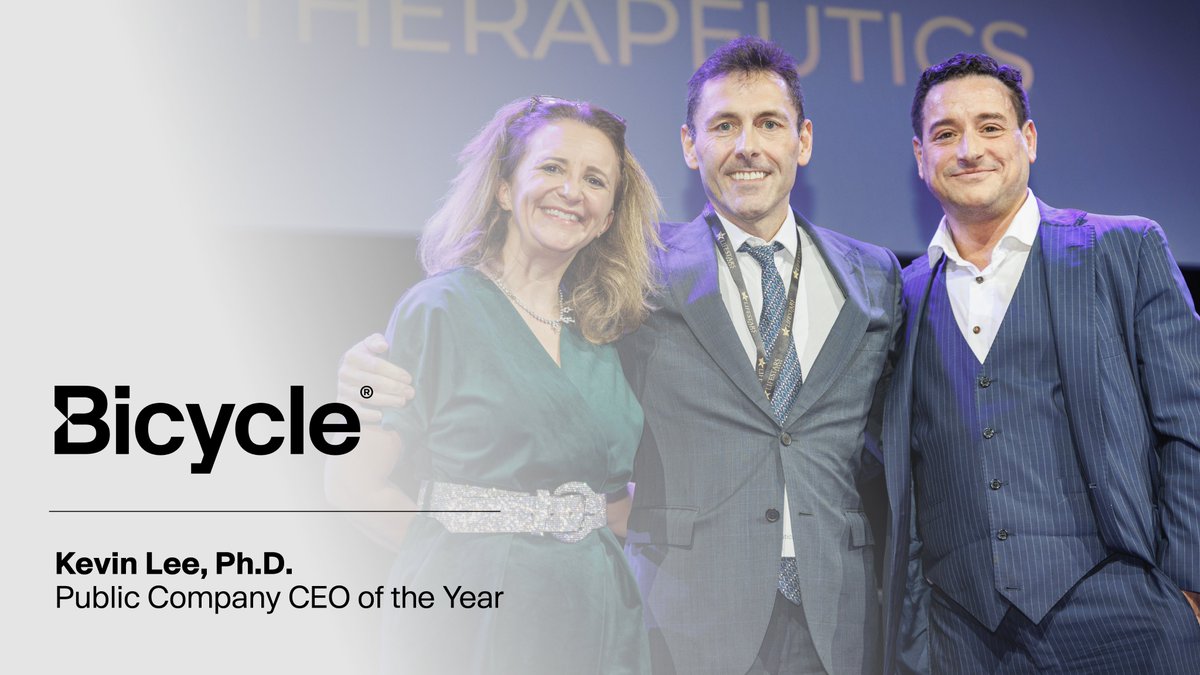 Bicycle_tx's tweet photo. Congrats to our CEO, Kevin Lee on being chosen as this year’s @lifestarsawards Public Company CEO of the Year. This is a great honor for Bicycle &amp; a testament to the hard work of both Kevin &amp; our entire team in working to develop new cancer therapies for the people who need them. https://t.co/NqiXP4KLdQ