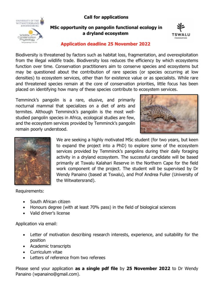 ⚠️ATTENTION budding scientists ‼️ Interested in pursuing an MSc on the world’s only truly scaly mammal? APPLY APPLY APPLY!! #pangolins #science #education 

<a href="/AndreaFuller06/">Andrea Fuller</a>