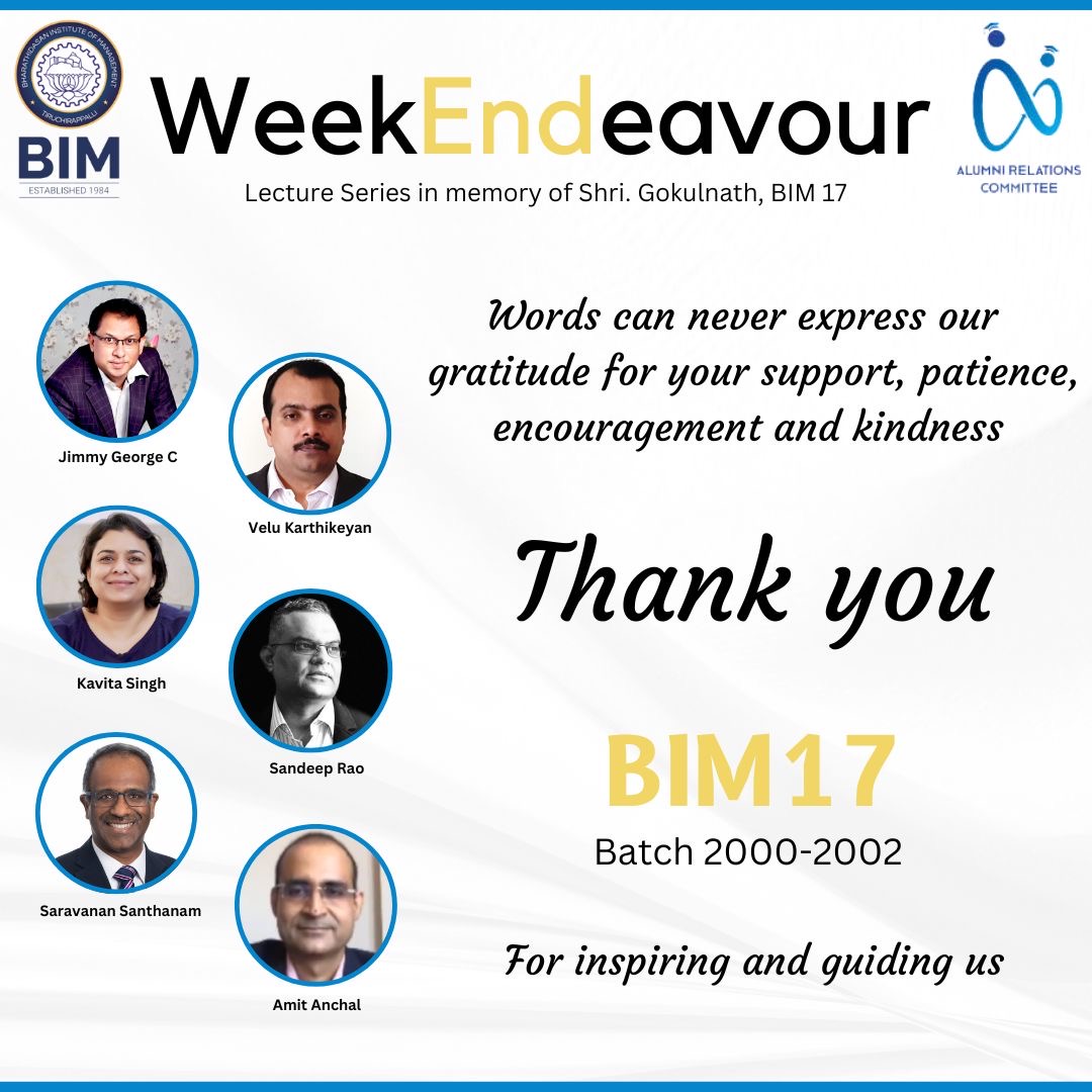 BIMTrichy's tweet photo. We thank #BIM17 for their constant support in organizing the #WeekEndeavour — the weekend lecture series in memory of Shri Gokulnath, #BIM17.
1/4 https://t.co/bbQQF9Aklz