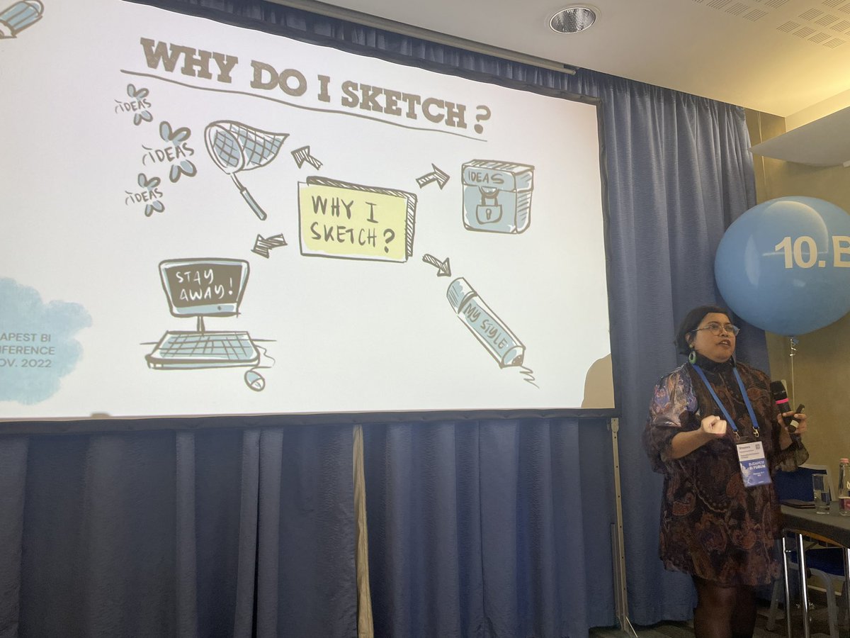 sarahlovesdata's tweet photo. It’s great to hear from @ShazeeraZawawi &amp; the reasons why she sketches, and how these processes can be applied to #dataviz. 

#budapestbi22 @BudapestBI https://t.co/fPKJIzwvGv