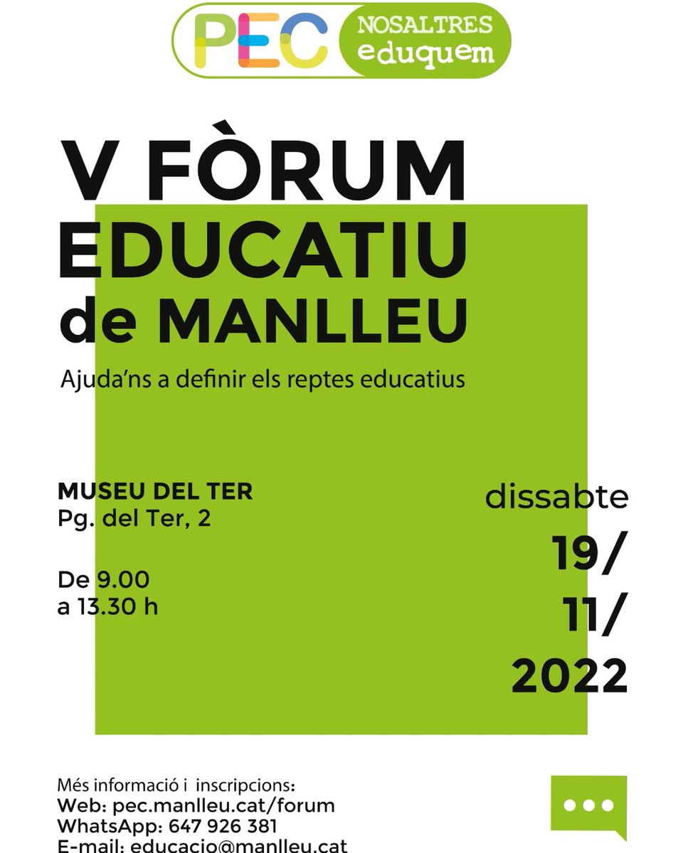 A Manlleu, tothom educa! 

📣 Us convidem al V Fòrum Educatiu de #Manlleu, dissabte, 19/11 al <a href="/museudelter/">Museu del Ter</a>, per contribuir a definir els projectes educatius dels propers anys. 
💬 Les famílies hi teniu MOLT a dir!
📝 Inscripcions: pec.manlleu.cat/forum

#manlleuciutateducadora