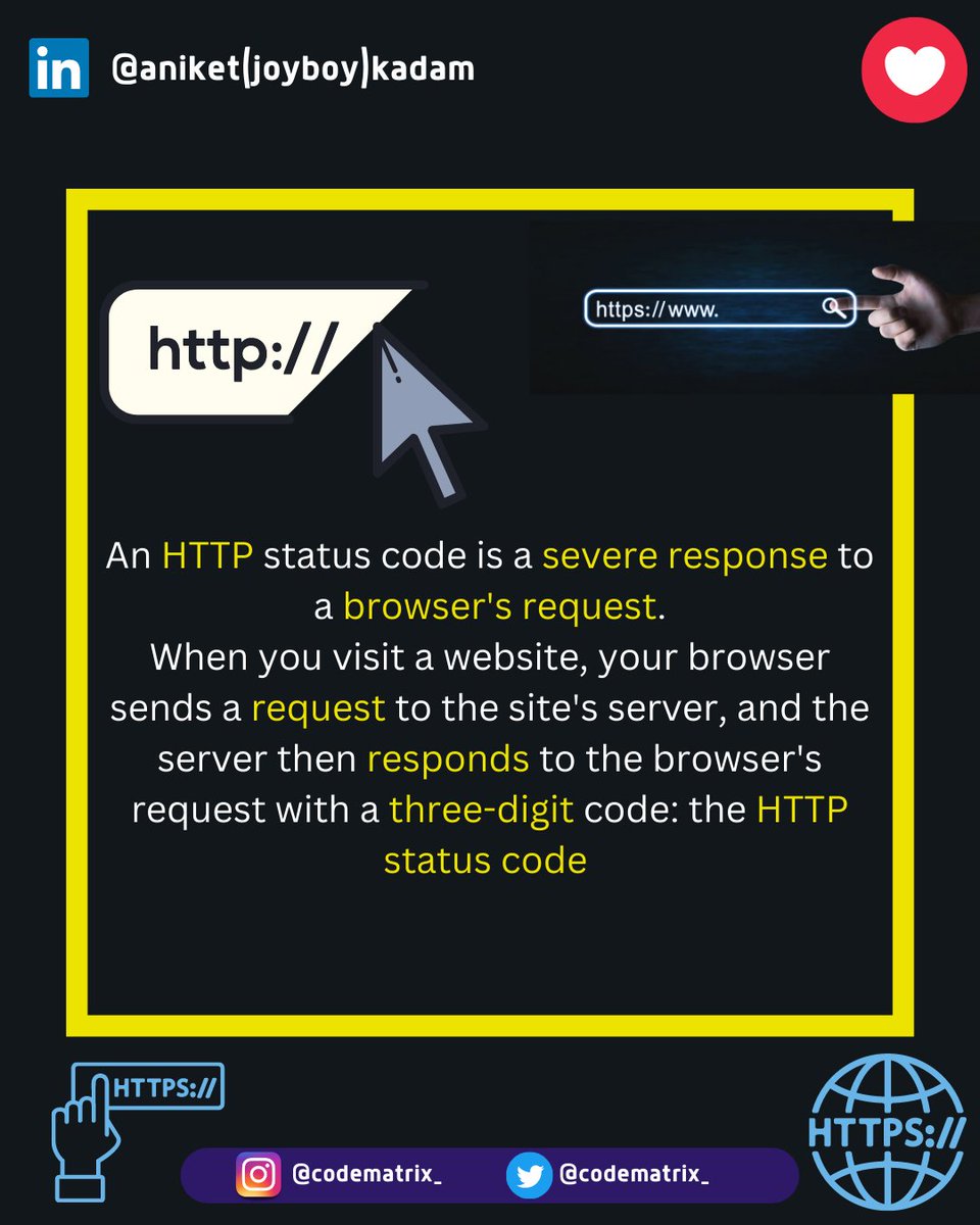 CODE_MATRIXX's tweet image. What are HTTP status codes?🤔
.
..
...
....
.....
......
.......
Hashtags:
#code #programmer #http #programming #webdevelopment #frontend #backend #developer #development #informationtechnology #coder #node #nodejs #cybersecurity #programmingmemes #programminglife #codingisfun