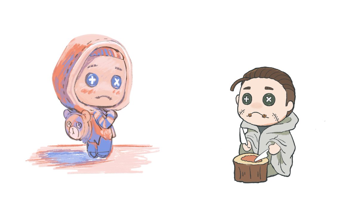 animification hood blue eyes 1boy chibi knife food  illustration images