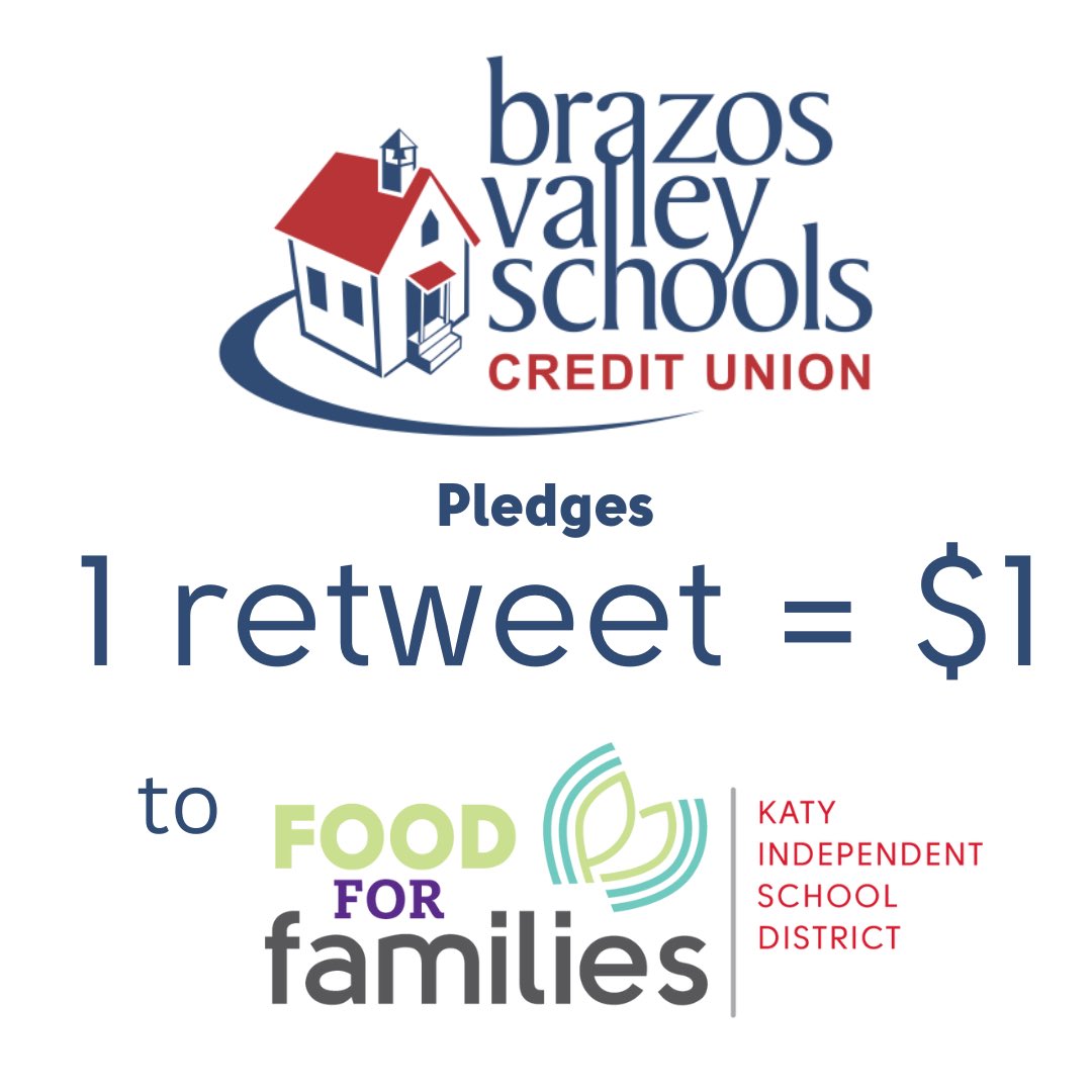 Retweet this Food for Families message and raise $1. Brazos Valley Schools Credit Union will contribute $1 per retweet for this year's campaign. Katy ISD Food for Families unites our community in holiday support for students and their families in need.  bit.ly/foodforfamilie…