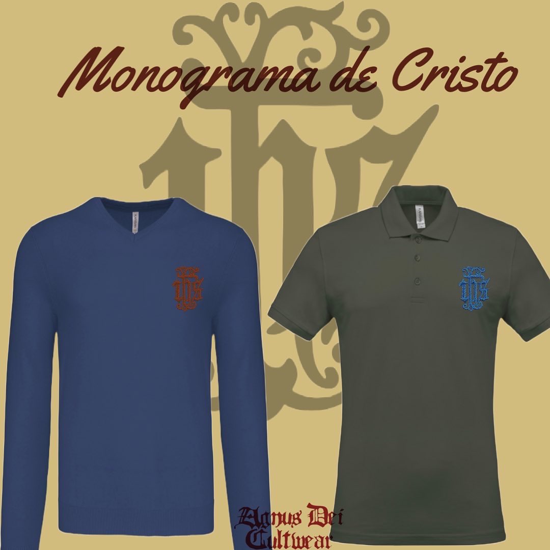 AgnusDeiCW's tweet photo. El Monograma de Nuestro Señor Jesucristo tal como aparece en el antiguo Ritual de la Adoración Nocturna Española. Bordado en el pecho sobre jersey, polo de rugby, polo de manga corta o forro polar. Consúltanos para colores. #jhs #ihs #agnusdei #modacatolica #crismon https://t.co/ppZtdC2tJU
