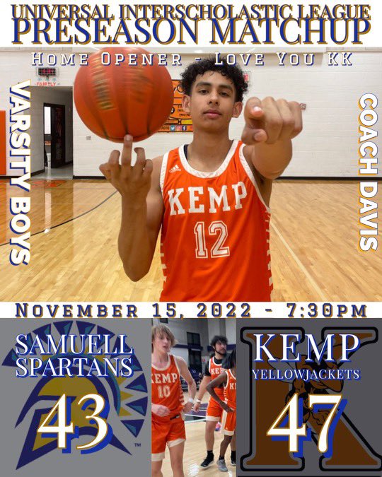 ‘TIS THE SEASON🏀🌨
BIG W LAST NIGHT ‼️

THIS FRIDAY, NOVEMBER 18‼️🗓
KEMP🐝(1-1) 🆚 LONE OAK 🦬(0-1) 
YALL POP OUT AND BE LOUD🔸✴️