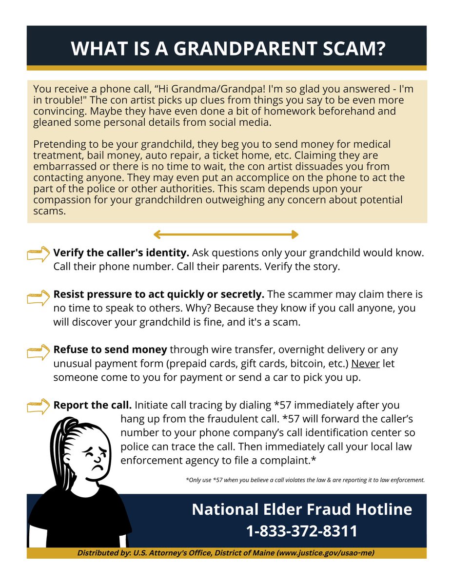 Also known as a person-in-need scam, scammers rely on your compassion for a loved one outweighing any doubts you may have that the call just doesn't feel or sound right. During #FraudWeek, learn how to react if a scammer targets you w/the Grandparent Scam.  #ElderFraudAwareness