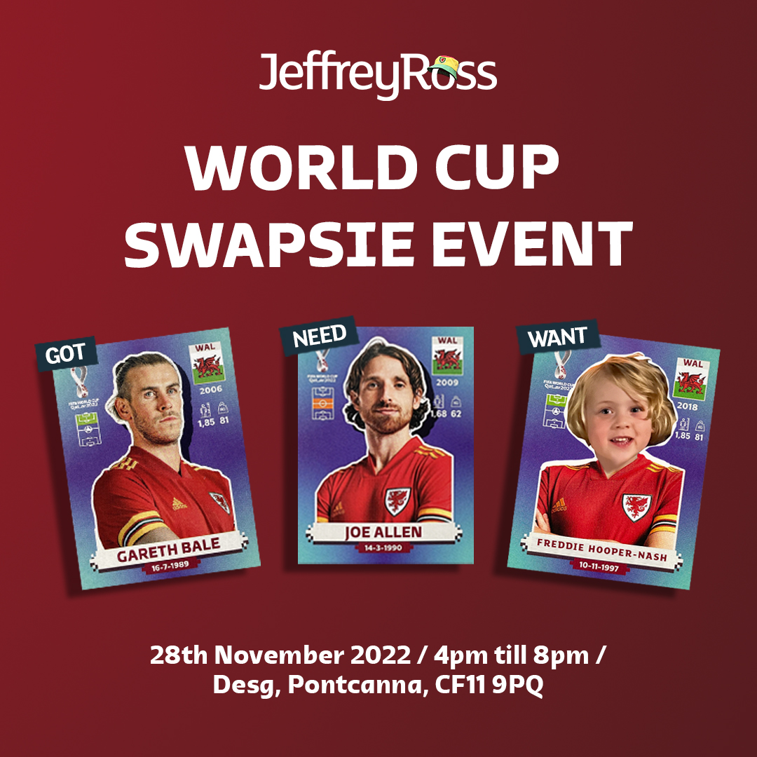 JeffreyRoss are hosting a World Cup Swapsie event on the 28th November for all sticker collectors in Cardiff and surrounding areas. 🏴󠁧󠁢󠁷󠁬󠁳󠁿🏴󠁧󠁢󠁷󠁬󠁳󠁿

To confirm your attendance and find out more about the event, please visit - eventbrite.co.uk/e/jeffreyross-…

#worldcupstickers #gotgotneed