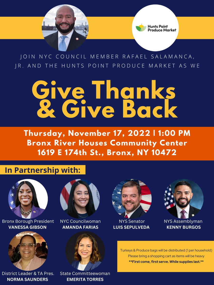 JOIN US TOMORROW! 

Each year, <a href="/huntspointmkt/">Hunts Point Produce Market</a> hosts a ‘Week of Giving’ for the Thanksgiving holiday. This year, we are proud to host our Give Thanks &amp; Give Back Turkey and Produce Giveaway at Bronx River Houses! 

Event starts at 1pm. Please bring a cart as items will be heavy.