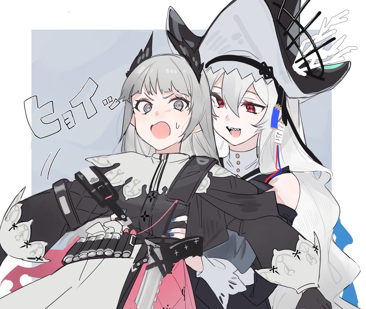 irene (arknights) ,specter (arknights) 2girls multiple girls grey hair ammunition belt red eyes head wings black headwear  illustration images