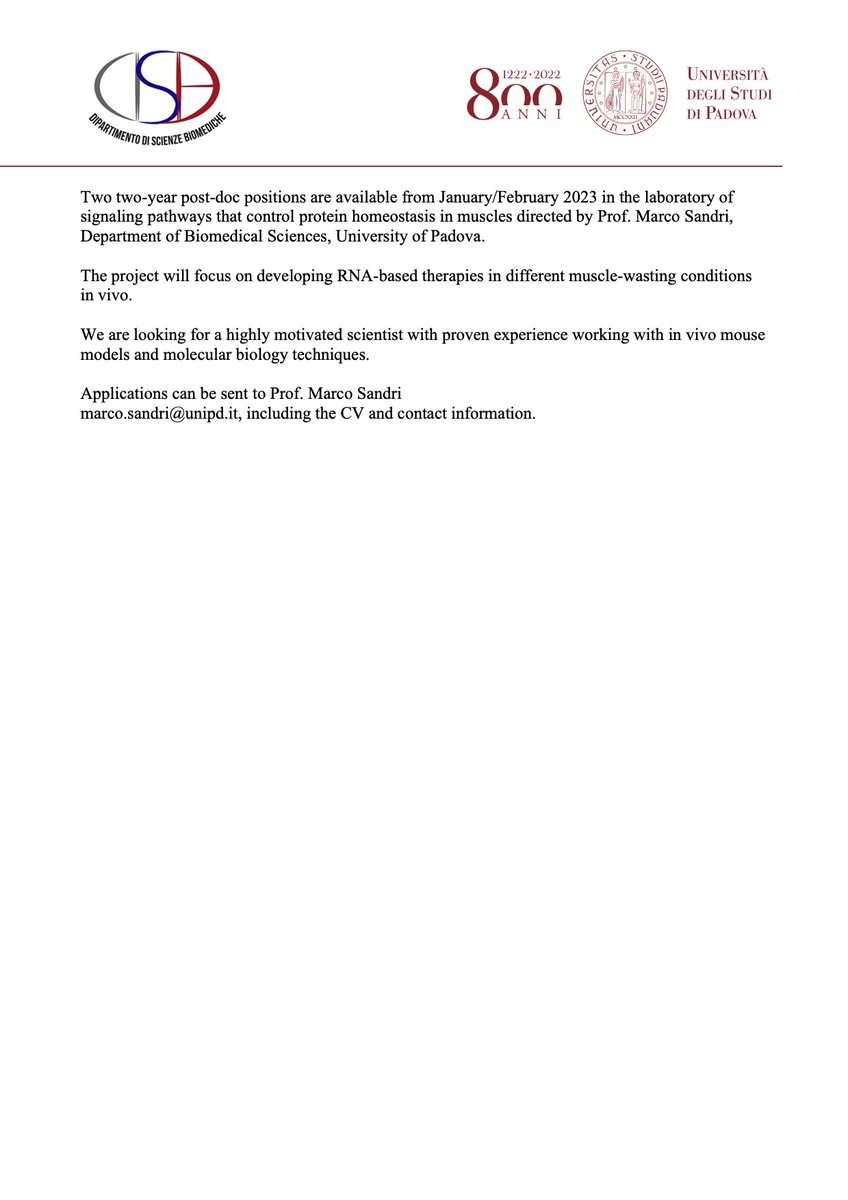Sandri_Lab (@labsandri) on Twitter photo #openpositions in <a href="/LabSandri/">Sandri_Lab</a> on developing RNA-based therapies in different muscle-wasting conditions in vivo. #openpositions in <a href="/LabSandri/">Sandri_Lab</a> on developing RNA-based therapies in different muscle-wasting conditions in vivo.