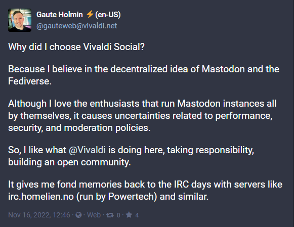Our hearts swelled reading this @gauteweb  ♥

We launched Vivaldi Social, our #Mastodon instance, just yesterday. Chcek it out: social.vivaldi.net