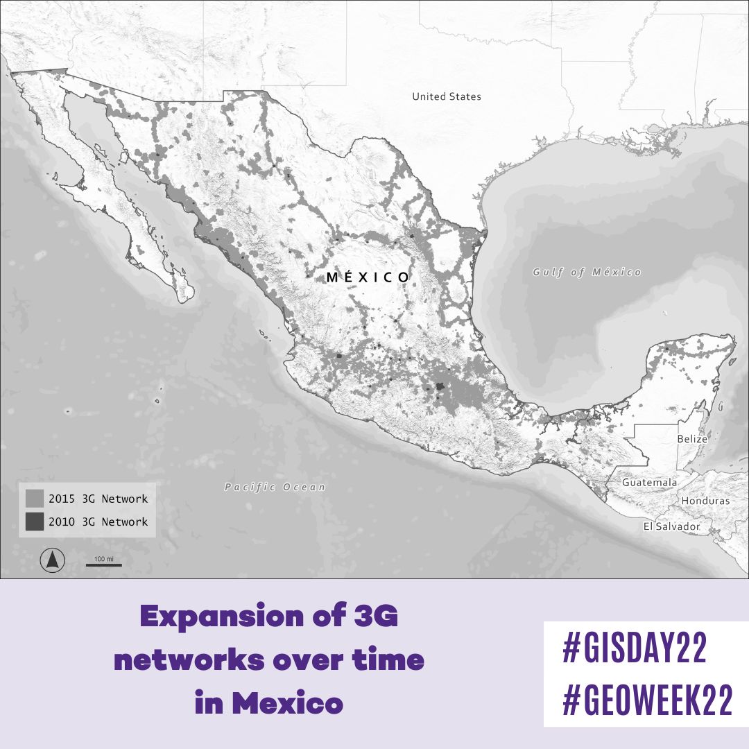 NU_LIBRARY's tweet photo. This visual is a project the Libraries’ GIS team recently completed with the Department of Sociology showing the expansion of 3G networks over time in Mexico. The GIS team uses data to visualize analysis in the form of maps.
#GeoWeek22 #GISDay22 https://t.co/V8yZOJoNcl