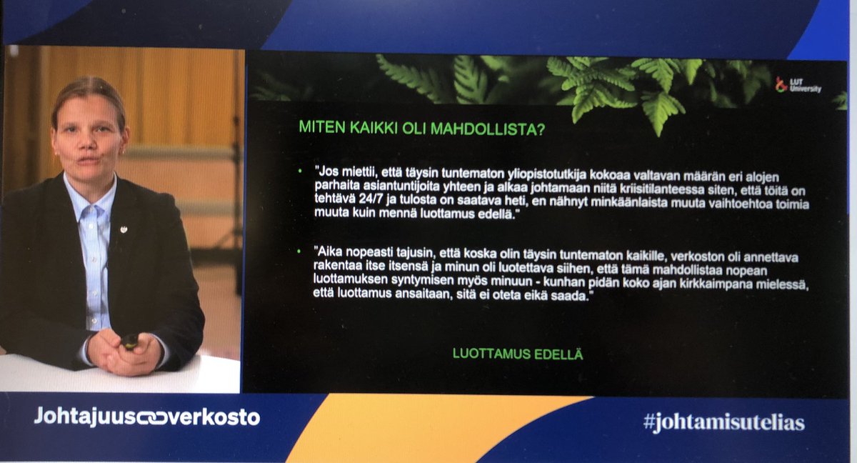 Kriisin keskellä luottamus on pystyttävä luomaan nopeasti. @pvtutkl_fdra’n Katri Laatikainen kertoi, miten koronakriisin edetessä pystyttiin luomaan sosiaalinen luottamus ison, toisilleen tuntemattomien asiantuntijajoukon välille. Tule mukaan! #johtamisutelias