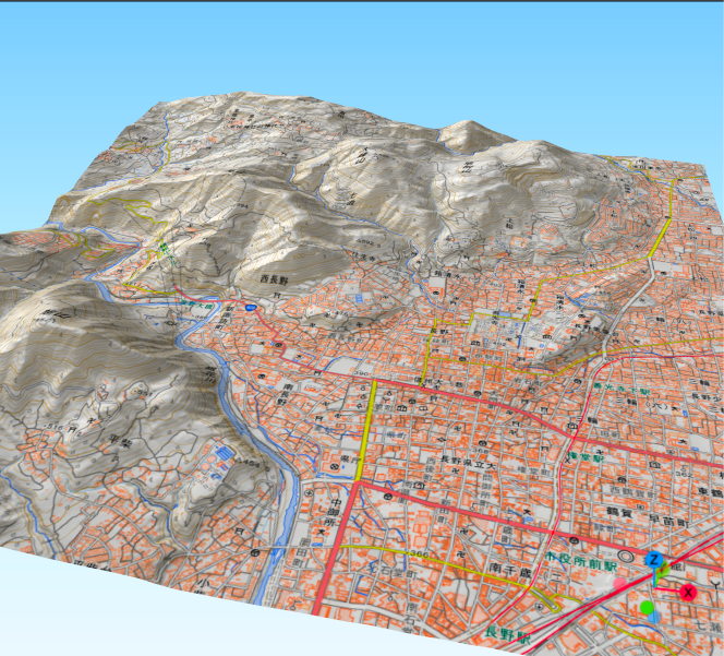 Tanaka59's tweet image. ブラタモリで善光寺やってたので練習
地理院地図（標準地図と陰影起伏図）と標高データ
傾斜量図　赤ラインは鉄道（国土数値情報）

#QGIS #Qgis2threejs