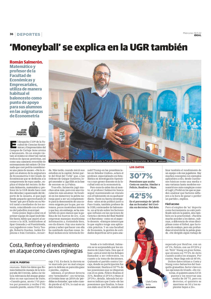 ocanapaco's tweet photo. Estupendo reportaje hoy en @ideal_granada de @josempuertas, en el que se hace eco de la labor que desarrolla el Profesor (y buen amigo) Román Salmerón @rnoremlas en la aplicación de técnicas estadísticas en el mundo de la canasta y en general del deporte 👏👏👏🏀🏀 #ACBStats https://t.co/YJW9htJust