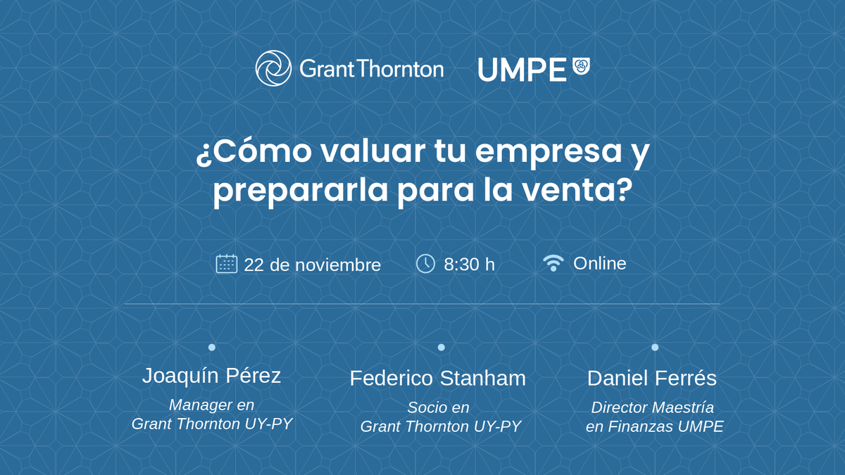 Seguí “¿Cómo valuar tu empresa y prepararla para la venta?”, el tercer y último webinar de nuestro ciclo coorganizado con <a href="/um_umpe/">UMPE | UM</a>.
Speakers: <a href="/joaquinperezf/">Joaquín Pérez</a>, <a href="/FedericoStanham/">Federico Stanham</a> y <a href="/DanielFerres4/">Daniel Ferres</a> 
📅 22 de noviembre – 8:30 am
Inscribite aquí ➡ bit.ly/3zm5OeI