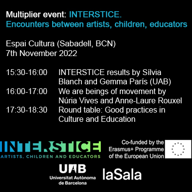 interstice_eu's tweet photo. #MultiplierEvent 🗓️19/11/22 15:30
@silblagel #ERIFE and @gemmaparisromia
@GrupoEDO will presents results of #INTERSTICE_eu in Sabadell @EspaiCulturaSbd
Followed by conference and roundtable about #culture and #education
@lasalateatre @EducacioUAB @EUErasmusPlus @sepiegob https://t.co/q2bcp5OXCe
