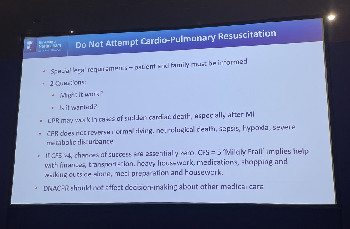 If CFS >4 chances of successful CPR are essentially zero. CFS = 5 'Mildly Frail' implies help with finances, transportation, heavy housework, medications, shopping and housework #BGSConf