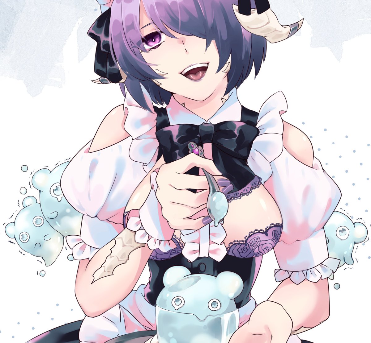 「Skeb納品しましたプリンにしたノッケンをあーんするアウラちゃん リクエストあり」|もなつ✎ܚskeb受付中のイラスト