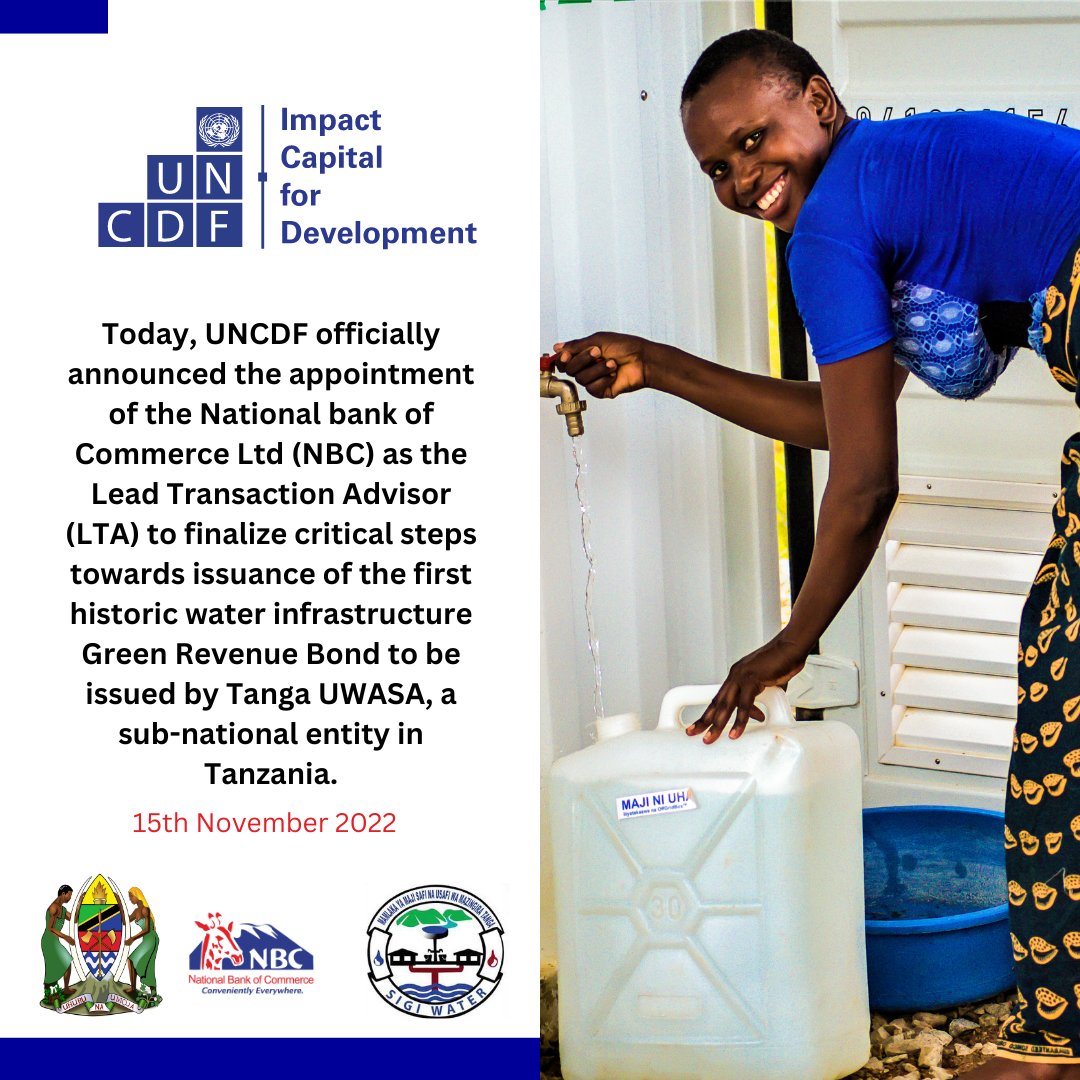 🗣️ “We are proud to appoint NBC, as a national institution to finalize this historic transaction. It is a way of entrenching and enhancing national capacities to develop innovative financing instruments to finance development” - <a href="/PeterMalika/">Peter Malika</a>, UNCDF in Tanzania on Nov 15, 2022.