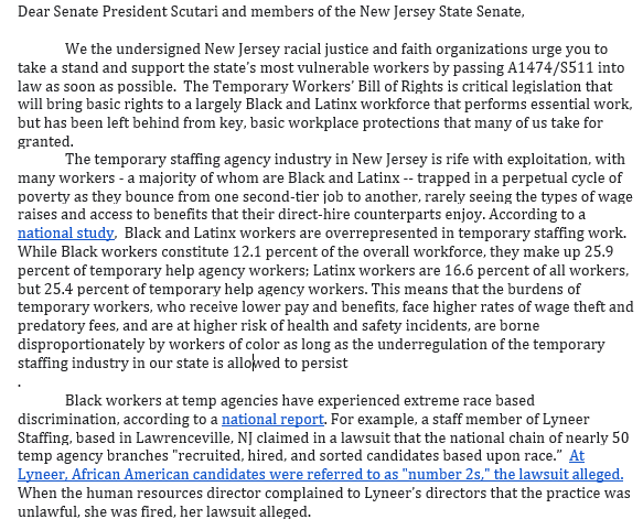 MaketheRoadNJ's tweet photo. #BREAKING: NJ’s major civil rights, faith &amp; racial justice orgs call on the NJ Senate to pass the Temp Workers Bill of Rights, citing history of anti-Black discrimination in industry. @NJ_ISJ @ACLUNJ @SandSJ_NJ @LWVNJ @NBANAACP @FINJ &amp; @floresreverend 🧵

#Justice4TempWorkers https://t.co/T5IcAJq3mQ