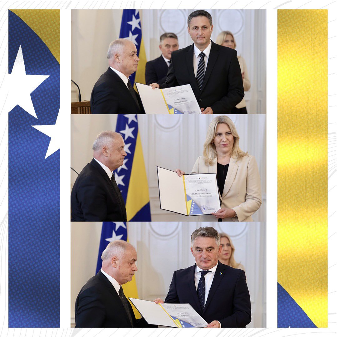 IZBORI_BA's tweet photo. 📢Uručena Uvjerenja o dodjeli mandata novoizabranim članovima Predsjedništva Bosne i Hercegovine!

🖇 https://t.co/DkF1ZC7MGC

#izboriuBiH #избориуБиХ #CIKBiH #CentralnaIzbornaKomisija #SIPBiH #SredišnjeIzbornoPovjerenstvoBiH #ЦИКБИХ #ЦентралнаИзборнаомисија https://t.co/W9ze7w4sWu