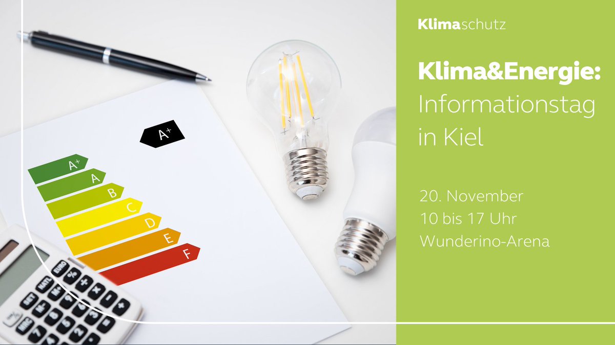 #Klimaschutz und effizienter Umgang mit Energie gehen Hand in Hand - das zeigt Euch der #Kiel​er Informationstag "Klima &amp; Energie" in der Wunderino-Arena. Am 20.11. von 10-17h könnt Ihr Euch informieren und vor Ort beraten lassen 🔋 kiel.de/klimaundenergie